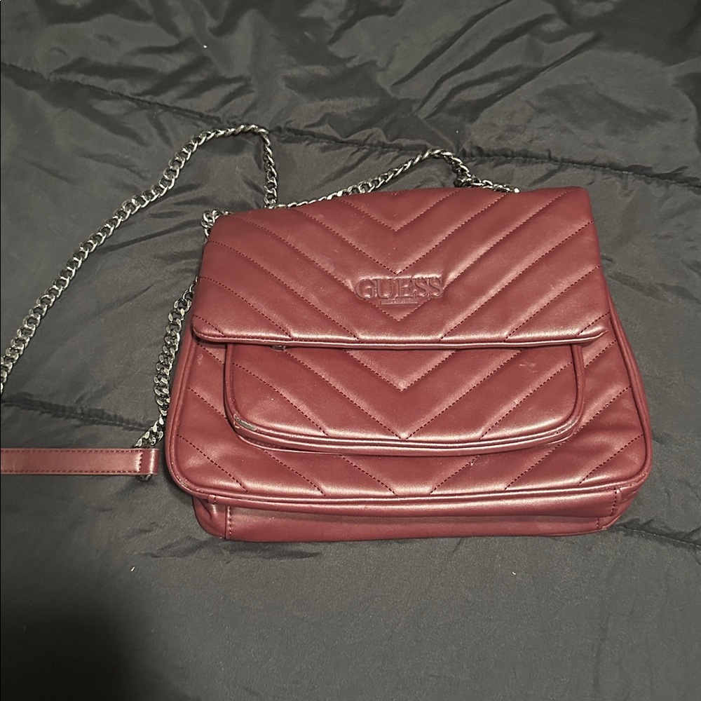 Guess Burgundy Quilted Chain Strap Bag